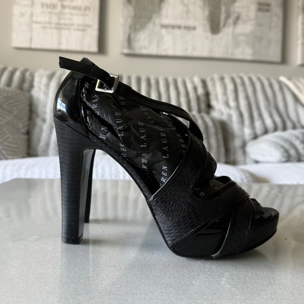 Lauren Ralph Lauren Womens Black Patent Snake Print Platform Sandals Heels 9.5B